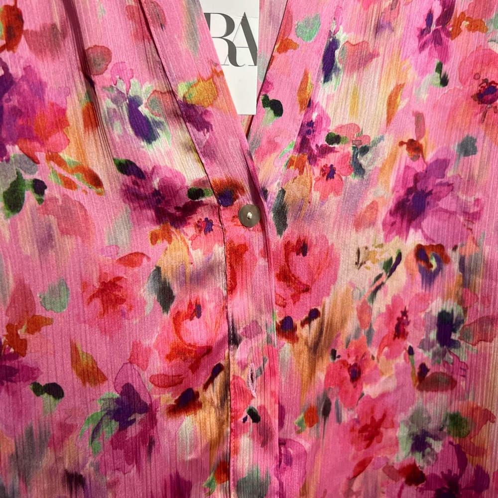 NWT ZARA pink floral print ruffled blouse size L - Picture 9 of 12